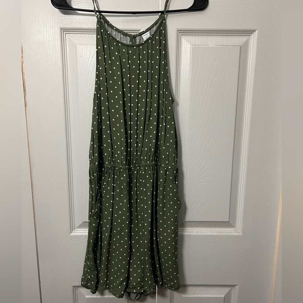 Green and white polka dot romper